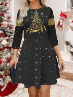 Women‘s Christmas Sweater Dress Jumper Dress Winter Dress Warm Snowman Christmas Tree Snowflake Outdoor Christmas Daily Holiday Crew Neck Long Sleeve 2023 Regular Fit Black Wine Blue S