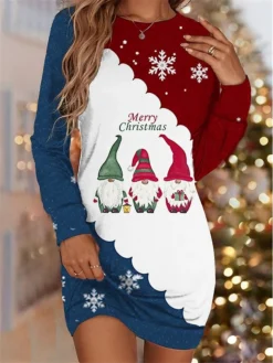 Women‘s Christmas Sweatshirt Dress Shift Dress Blue Wine Long Sleeve Color Block Print Winter Fall Autumn Fashion Daily Loose Fit 2022 S M L XL XXL 3XL