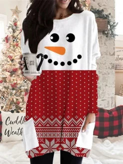 Women's Christmas Casual Dress T Shirt Dress Tee Dress Mini Dress Wine Red Long Sleeve Plaid Snowman Snowflake Pocket Print Winter Fall Crew Neck Vacation Casual 2022 S M L XL XXL 3XL