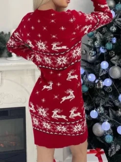 Women‘s Christmas Sweater Dress Jumper Dress Winter Dress Warm Geometric Print Deer Outdoor Christmas Casual Daily Crew Neck Long Sleeve 2023 Loose Fit Red S M L XL -Fashion Life Shop nppfpt1694151368386