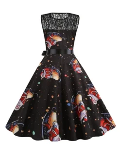 Women‘s Christmas Retro 1950s Vintage Dress Midi Dress Party Patchwork Bow Santa Claus Crew Neck Sleeveless Regular Fit Fall Winter 2023 Black White S M L XL -Fashion Life Shop npsmhz1694501418690