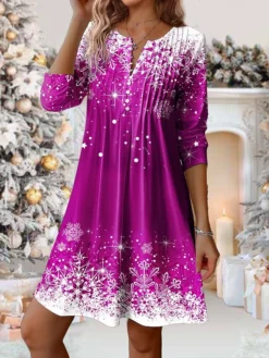 Women's Casual Dress Christmas Dress Winter Dress Snowflake Button Print Crew Neck Midi Dress Fashion Streetwear Outdoor Christmas Long Sleeve Loose Fit Yellow Wine Blue Fall Winter S M L XL XXL -Fashion Life Shop nqjpjx1697190867473