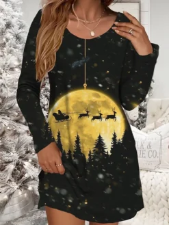Women's Casual Dress Christmas Dress Winter Dress Christmas Tree Christmas Hat Print V Neck Mini Dress Fashion Streetwear Outdoor Christmas Long Sleeve Loose Fit Black Brown Dark Blue Fall Winter S M -Fashion Life Shop nqtbqp1697017057328