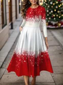 Women's Casual Dress Christmas Dress Winter Dress Snowflake Pocket Print Crew Neck Midi Dress Fashion Streetwear Outdoor Christmas Long Sleeve Regular Fit White Wine Fall Winter S M L XL XXL