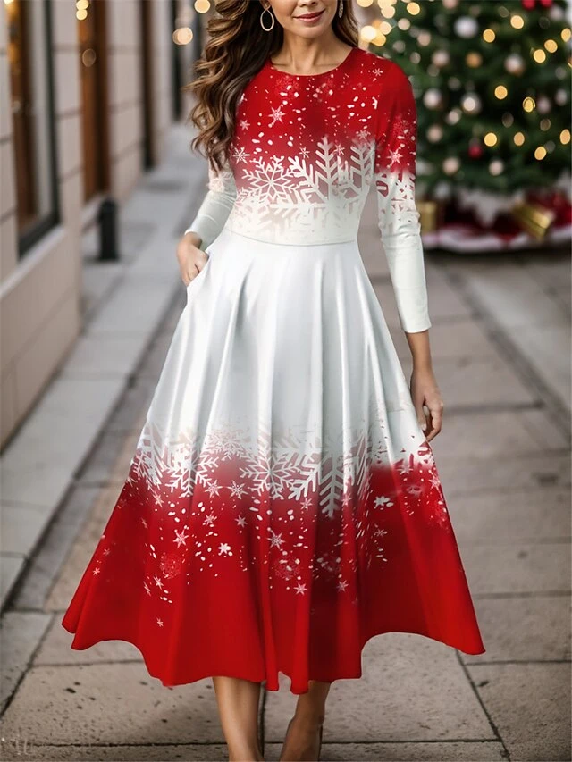 Women's Casual Dress Christmas Dress Winter Dress Snowflake Pocket Print Crew Neck Midi Dress Fashion Streetwear Outdoor Christmas Long Sleeve Regular Fit White Wine Fall Winter S M L XL XXL 1 Women's Casual Dress Christmas Dress Winter Dress Snowflake Pocket Print Crew Neck Midi Dress Fashion Streetwear Outdoor Christmas Long Sleeve Regular Fit White Wine Fall Winter S M L XL XXL
