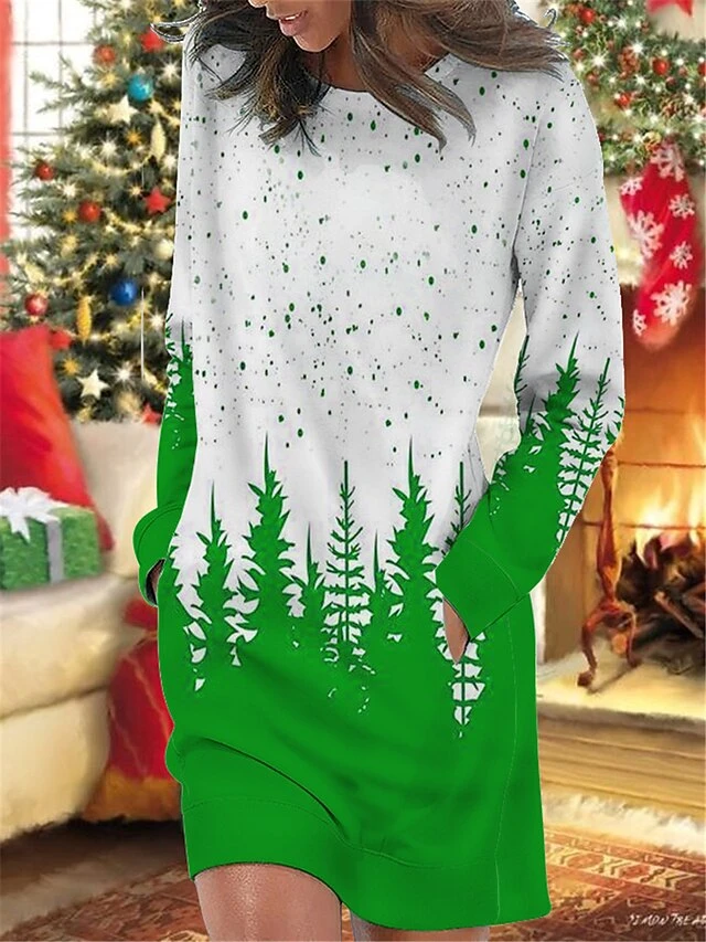 Women's Christmas Casual Dress Sweatshirt Dress Mini Dress Warm Fashion OutdoorHoliday Crew Neck Pocket PrintTree Loose Fit Burgundy Green S M L XL XXL 2 Women's Christmas Casual Dress Sweatshirt Dress Mini Dress Warm Fashion OutdoorHoliday Crew Neck Pocket PrintTree Loose Fit Burgundy Green S M L XL XXL - Image 2