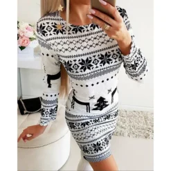 Women‘s Christmas Dress Winter Dress Bodycon White Long Sleeve Geometric Snowflake Print Winter Fall Crew Neck Stylish Modern 2023 S M L XL 2XL Sheath Dress