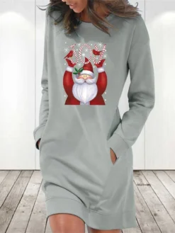 Women's Christmas Hoodie Dress Winter Dress Light Blue Grey White Long Sleeve Letter Santa Claus Pocket Print Winter Fall Crew Neck Stylish Casual Fall Dress Loose Fit 2022 S M L XL 2XL / Cotton -Fashion Life Shop nrqfgi1665742312825