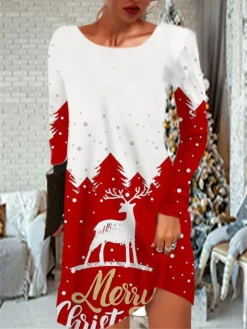 Women's Christmas Casual Dress T Shirt Dress Tee Dress Mini Dress Blue Purple Light Red Light Blue White Long Sleeve Letter Elk Snowflake Pocket Print Winter Fall Crew Neck Vacation Casual 2022 S M L -Fashion Life Shop nslsfb1666761975197