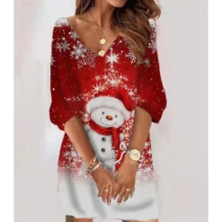 Women‘s Christmas Sweatshirt Dress Winter Dress Short Mini Dress Black 3/4 Length Sleeve Hat Print Fall Winter V Neck Vacation Casual 2022 S M L XL XXL 3XL -Fashion Life Shop nsomnf1666786430778