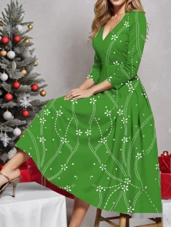 Women's Casual Dress Christmas Dress Winter Dress Snowflake Print V Neck Midi Dress Fashion Streetwear Outdoor Christmas 3/4 Length Sleeve Regular Fit Black Red Fuchsia Fall Winter S M L XL XXL -Fashion Life Shop nsqlsf1697194522984
