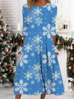 Women's Christmas Casual Dress Shift DressMidi Dress Blue 3/4 Length Sleeve Snowflake Ruched Print Fall Winter Round Neck Vacation Casual 2022 S M L XL XXL 3XL