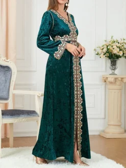 Women's Casual Dress Velvet Dress Swing Dress Long Dress Maxi Dress Lace Embroidered Outdoor Christmas Daily Fashion Elegant V Neck Long Sleeve 2023 Loose Fit Dark Green Color M L XL XXL Size -Fashion Life Shop nuwwpp1695206516880