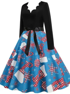 Women's Christmas Swing Dress Vintage DressKnee Length Dress Blue Red Navy Blue Black Long Sleeve Plaid Santa Claus Elk Bow Print Fall Winter V Neck Vacation Vintage 2022 S M L XL XXL 3XL -Fashion Life Shop nvgiep1665293391467