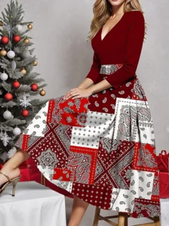 Women's Casual Dress Christmas Dress Plaid Dress Geometric Paisley Print V Neck Midi Dress Fashion Streetwear Outdoor Christmas 3/4 Length Sleeve Regular Fit Wine Red Fall Winter S M L XL XXL