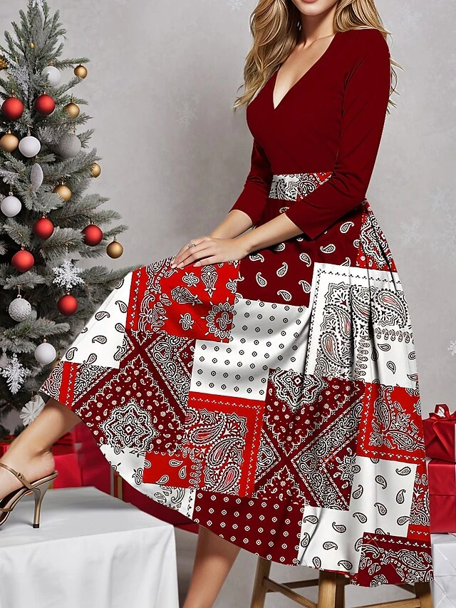 Women's Casual Dress Christmas Dress Plaid Dress Geometric Paisley Print V Neck Midi Dress Fashion Streetwear Outdoor Christmas 3/4 Length Sleeve Regular Fit Wine Red Fall Winter S M L XL XXL 1 Women's Casual Dress Christmas Dress Plaid Dress Geometric Paisley Print V Neck Midi Dress Fashion Streetwear Outdoor Christmas 3/4 Length Sleeve Regular Fit Wine Red Fall Winter S M L XL XXL