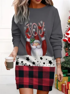 Women's Christmas Casual Dress Sweatshirt Dress Mini Dress Warm Fashion OutdoorVacation Crew Neck Print Santa Claus Loose Fit Black Red Beige S M L XL XXL -Fashion Life Shop nvpfij1695365431546