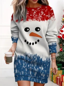 Women's Christmas Casual Dress Sweatshirt Dress Mini Dress Warm Fashion Outdoor Vacation Crew Neck Print Santa Claus Snowman Loose Fit ArmyGreen Red Navy Blue S M L XL XXL -Fashion Life Shop nwcmsx1695365299708