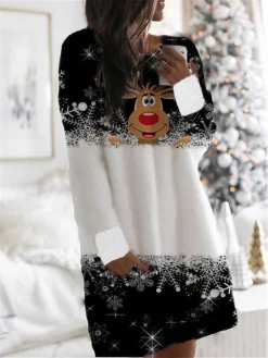 Women's Christmas Hoodie Dress Winter Dress Mini Dress Green Black Blue Fuchsia Red Long Sleeve Animal Elk Snowflake Pocket Print Winter Fall Hooded Casual Loose Fit 2022 S M L XL XXL 3XL