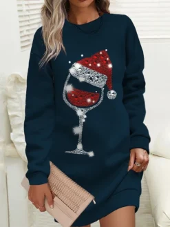 Women‘s Christmas Casual Dress Sweatshirt Dress Mini Dress Warm Fashion Outdoor Holiday Crew Neck Print Hat Loose Fit Burgundy Blue Green S M L XL XXL