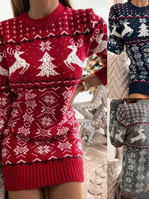 Women‘s Christmas Sweater Dress Winter Dress Sheath Dress Short Mini Dress Red Navy Blue Gray Long Sleeve Elk Snowman Snowflake Knit Fall Winter Round Neck Turtleneck Stylish Casual 2022 S M L XL XXL -Fashion Life Shop nyfaem1637293794667