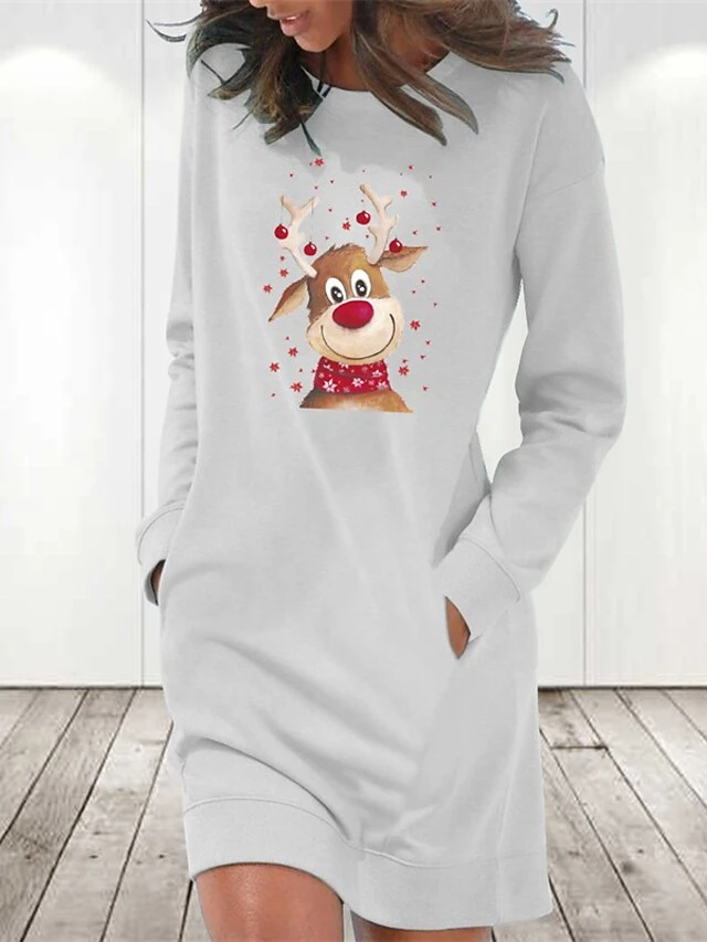 Women's Christmas Hoodie Dress Winter Dress Light Blue Grey White Long Sleeve Elk Pocket Print Winter Fall Crew Neck Stylish Casual Loose Fit 2022 S M L XL 2XL / Cotton 3 Women's Christmas Hoodie Dress Winter Dress Light Blue Grey White Long Sleeve Elk Pocket Print Winter Fall Crew Neck Stylish Casual Loose Fit 2022 S M L XL 2XL / Cotton - Image 3