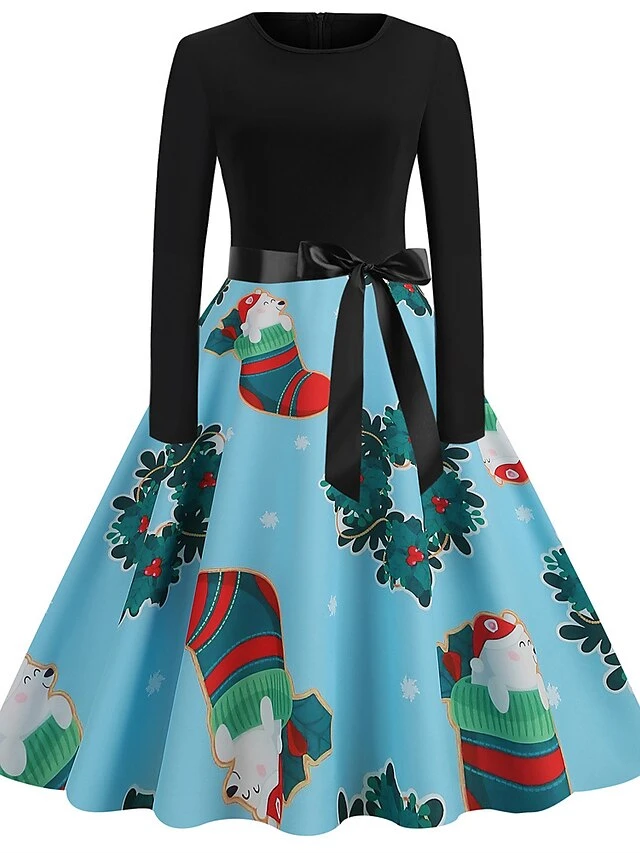 Women's Christmas Vintage Dress Green Black Light Red Red Light Blue Long Sleeve Print Print Winter Fall Crew Neck Vintage 2022 S M L XL 2XL 3XL 4 Women's Christmas Vintage Dress Green Black Light Red Red Light Blue Long Sleeve Print Print Winter Fall Crew Neck Vintage 2022 S M L XL 2XL 3XL - Image 4