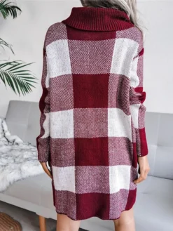 Women‘s Christmas Sweater Dress Winter Dress Sheath Dress Blue Wine Khaki Gray Long Sleeve Plaid Color Block Patchwork Winter Fall Turtleneck Casual S M L -Fashion Life Shop nzcmbx1634118521518