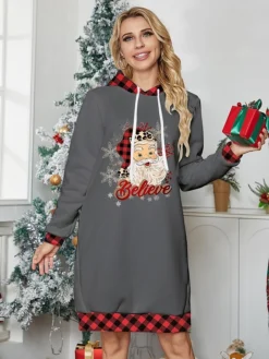 Women's Casual Dress Hoodie Dress Mini Dress Warm Fashion Outdoor Christmas Holiday Hoodie Print Santa Claus Christmas Tree Loose Fit Wine Red Burgundy S M L XL XXL -Fashion Life Shop nzhxgt1696235783538