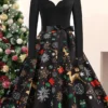Women's Christmas Casual Dress Swing Dress Vintage Dress Midi Dress Black Wine Orange Long Sleeve Animal Bow Winter Fall Autumn V Neck 2022 S M L XL XXL 3XL