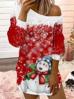Women's Casual Dress Christmas Dress Sweatshirt Dress Snowman Snowflake Cold Shoulder Print One Shoulder Mini Dress Fashion Streetwear Outdoor Christmas Long Sleeve Loose Fit Black Red Blue Fall