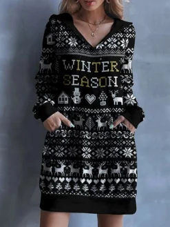 Women's Casual Dress Sweatshirt Dress Mini Dress Warm Fashion Christmas Vacation Going Out Hoodie Pocket Print Graphic Deer Loose Fit Black S M L XL XXL