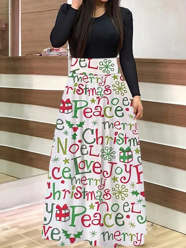 Women's Christmas Sheath DressMaxi Long Dress Green Light Red Dark Blue Red White Black Long Sleeve Floral Letter Bell Patchwork Print Fall Winter Round Neck Stylish Modern 2022 S M L XL 3 Women's Christmas Sheath DressMaxi Long Dress Green Light Red Dark Blue Red White Black Long Sleeve Floral Letter Bell Patchwork Print Fall Winter Round Neck Stylish Modern 2022 S M L XL - Image 3