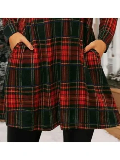 Women's Christmas Tartan Dress Casual Dress T Shirt Dress Tee DressShort Mini Dress Red Long Sleeve Plaid Snowflake Candy Ruched Print Fall Winter V Neck Casual Modern 2022 S M L XL XXL 3XL -Fashion Life Shop ocgfdn1665472104585