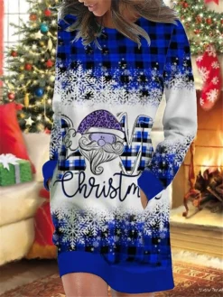 Women's Christmas Casual Dress Sweatshirt Dress Mini Dress Warm Fashion OutdoorHoliday Crew Neck Pocket Print Geometric Santa Claus Snowflake Loose Fit Red Blue Green S M L XL XXL -Fashion Life Shop ocibdn1695644562555