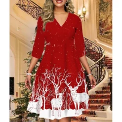 Women's Christmas Print Dress Green Blue Purple Red Black Long Sleeve Elk Snowman Tree Print Winter Autumn V Neck Fashion Casual Fall Dress Loose Fit 2022 S M L XL 2XL 3XL 4XL 5XL 6XL -Fashion Life Shop oedhpx1668426779661
