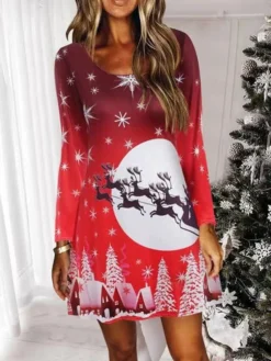 Women's Christmas Shift DressShort Mini Dress Green Blue Purple Red Long SleeveTree Printhat Patchwork Print Fall Winter Crew Neck Casual 2022 S M L XL 2XL -Fashion Life Shop ofdckg1668516773246