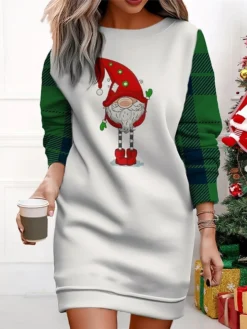 Women's Christmas Casual Dress Sweatshirt Dress Mini Dress Warm Fashion OutdoorVacation Crew Neck Print Santa Claushat Loose Fit ArmyGreen Black White S M L XL XXL -Fashion Life Shop ofsrhi1695365443104