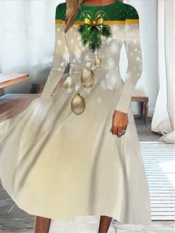 Women's Casual Dress Swing Dress Midi Dress Beige Long Sleeve Graphic Pocket Winter Fall Spring Crew Neck Fashion Christmas Daily Weekend 2022 S M L XL XXL 3XL