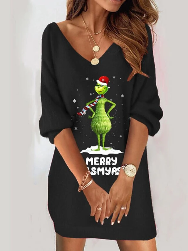 Women's Sweatshirt Dress Shift Dress Sweat Dress Mini Dress Black Light Green Red 3/4 Length Sleeve Grinch Print Spring Fall Winter V Neck Fashion Christmas Loose Fit 2023 S M L XL XXL 3XL 3 Women's Sweatshirt Dress Shift Dress Sweat Dress Mini Dress Black Light Green Red 3/4 Length Sleeve Grinch Print Spring Fall Winter V Neck Fashion Christmas Loose Fit 2023 S M L XL XXL 3XL - Image 3