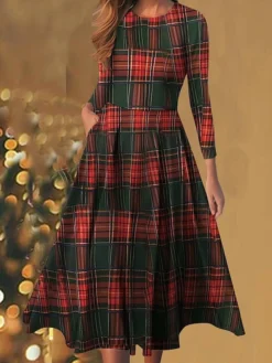 Women's Casual Dress Christmas Dress Winter Dress Plaid Pocket Print Crew Neck Midi Dress Fashion Streetwear Outdoor Christmas Long Sleeve Regular Fit Red Fall Winter S M L XL XXL