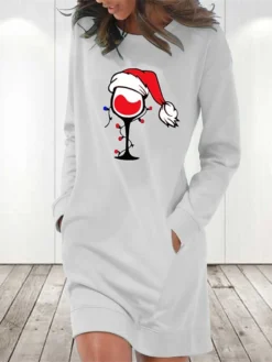 Women‘s Christmas Hoodie Dress Winter Dress Light Blue Grey White Long Sleeve Hat Pocket Print Winter Fall Crew Neck Stylish Casual Fall Dress Loose Fit 2022 S M L XL 2XL / Cotton -Fashion Life Shop ohwysl1666175052739