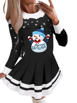 Women's Christmas Swing Dress Blue Red Black Long Sleeve Letter Santa Claus Snowflake Pleated Print Winter Fall Crew Neck Stylish Romantic Fall Dress Loose Fit 2022 S M L XL XXL / Winter Dress