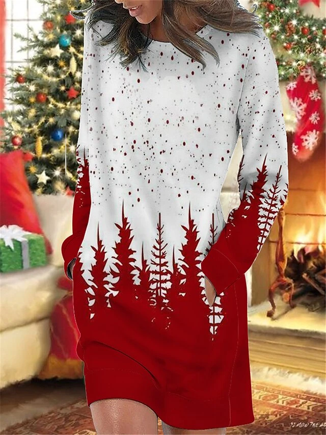 Women's Christmas Casual Dress Sweatshirt Dress Mini Dress Warm Fashion OutdoorHoliday Crew Neck Pocket PrintTree Loose Fit Burgundy Green S M L XL XXL 1 Women's Christmas Casual Dress Sweatshirt Dress Mini Dress Warm Fashion OutdoorHoliday Crew Neck Pocket PrintTree Loose Fit Burgundy Green S M L XL XXL