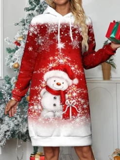 Women's Casual Dress Hoodie Dress Mini Dress Warm Fashion Outdoor Christmas Holiday Hoodie Print Snowman Snowflake Loose Fit Red Blue Sky Blue S M L XL XXL