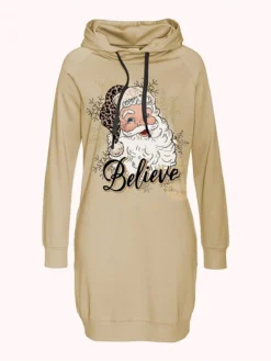 Women's Casual Dress Christmas Dress Hoodie Dress Santa Claus Ugly Christmas Print Hooded Mini Dress Fashion Streetwear Outdoor Christmas Long Sleeve Loose Fit Gold Fall Winter S M L XL XXL -Fashion Life Shop ojapze1694673332211