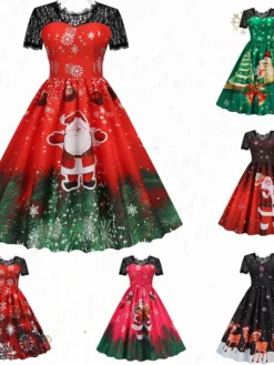 Women's Christmas Swing Dress Vintage DressKnee Length Dress Green Wine Dark Green Fuchsia Red Black Short Sleeve Santa Claus Snowman Snowflake Lace Print Fall Winter V Neck Vacation Vintage 2022 S