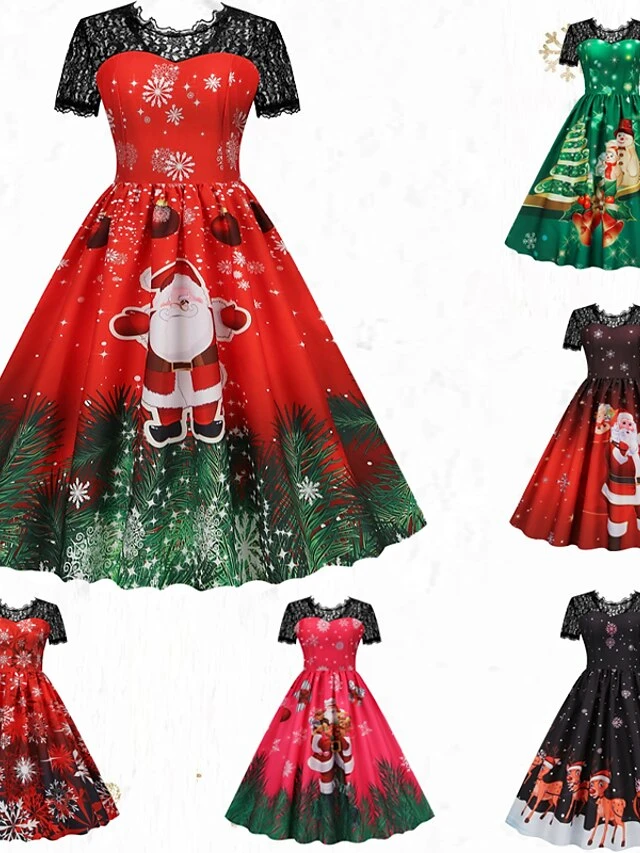 Women's Christmas Swing Dress Vintage DressKnee Length Dress Green Wine Dark Green Fuchsia Red Black Short Sleeve Santa Claus Snowman Snowflake Lace Print Fall Winter V Neck Vacation Vintage 2022 S 1 Women's Christmas Swing Dress Vintage DressKnee Length Dress Green Wine Dark Green Fuchsia Red Black Short Sleeve Santa Claus Snowman Snowflake Lace Print Fall Winter V Neck Vacation Vintage 2022 S