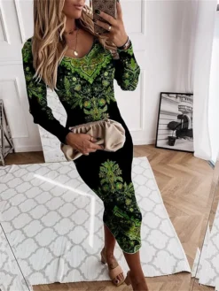 Women‘s Christmas Sweater Dress Jumper Dress Winter Dress Warm Floral Outdoor Christmas Daily Holiday V Neck Long Sleeve 2023 Regular Fit Yellow Blue Green S M L XL XXL 3XL -Fashion Life Shop ojtdvi1695715381438