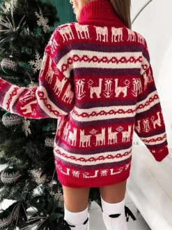 Women‘s Christmas Sweater Dress Jumper Dress Winter Dress Fashion Ugly Christmas Christmas Daily Vacation Going Out Turtleneck Long Sleeve Patchwork 2023 Loose Fit Red Gray S M L XL -Fashion Life Shop ojtimk1694601206115